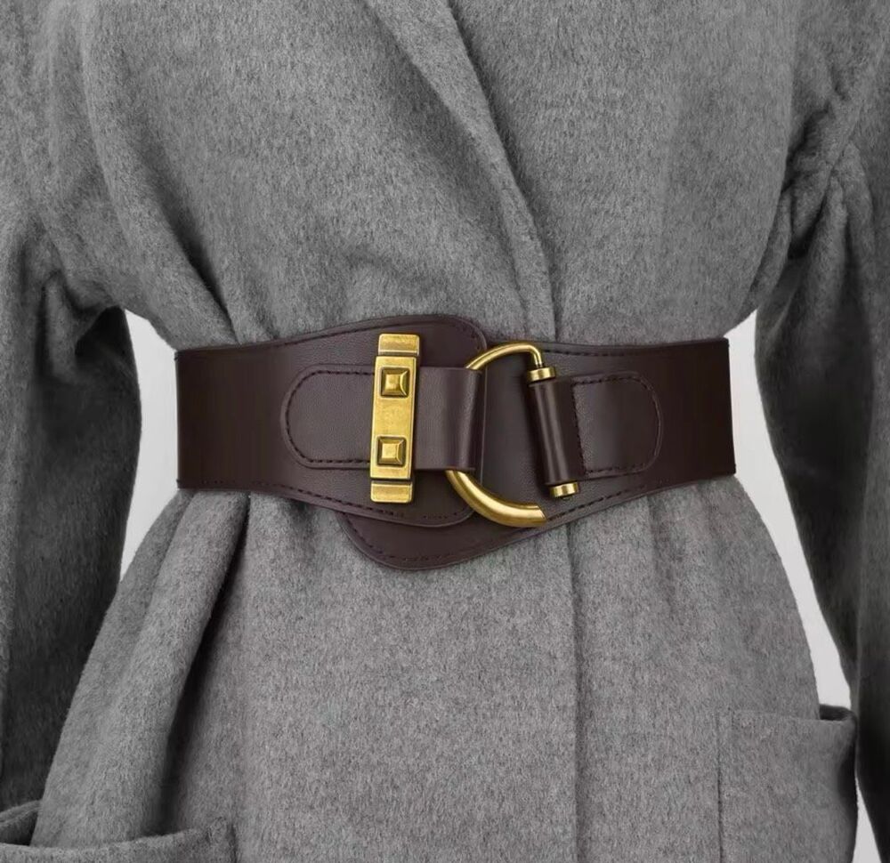 Italian Luxury Boutique Vegan Leather Wide Waist Belt Gold Hardware Brown NWOT